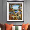 Greek Village Diamond Painting Kit – Flower Arch Framed Street with Lake View, Blue Lanterns & Bicycle JX140