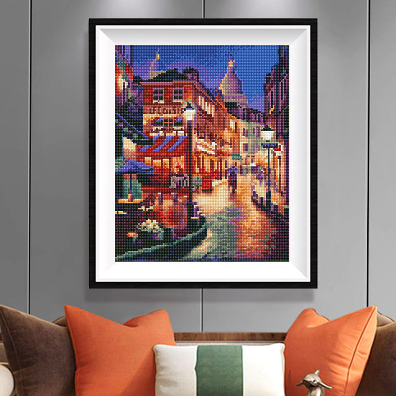 Montmartre Night Diamond Painting Kit – Impressionist Paris Street with Sacré-Cœur & Glowing Lanterns JX141