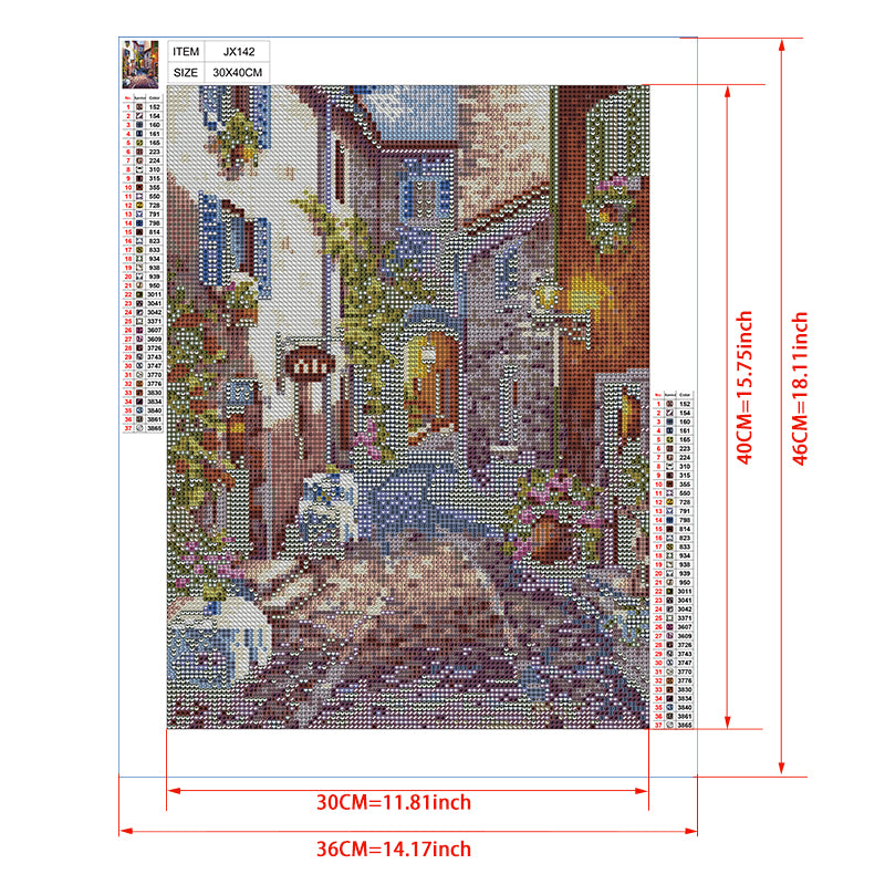 Fairytale European Village Diamond Painting Kit – Whimsical Cobblestone Lane with Stone Arch, Vines & Pink Blossoms JX142