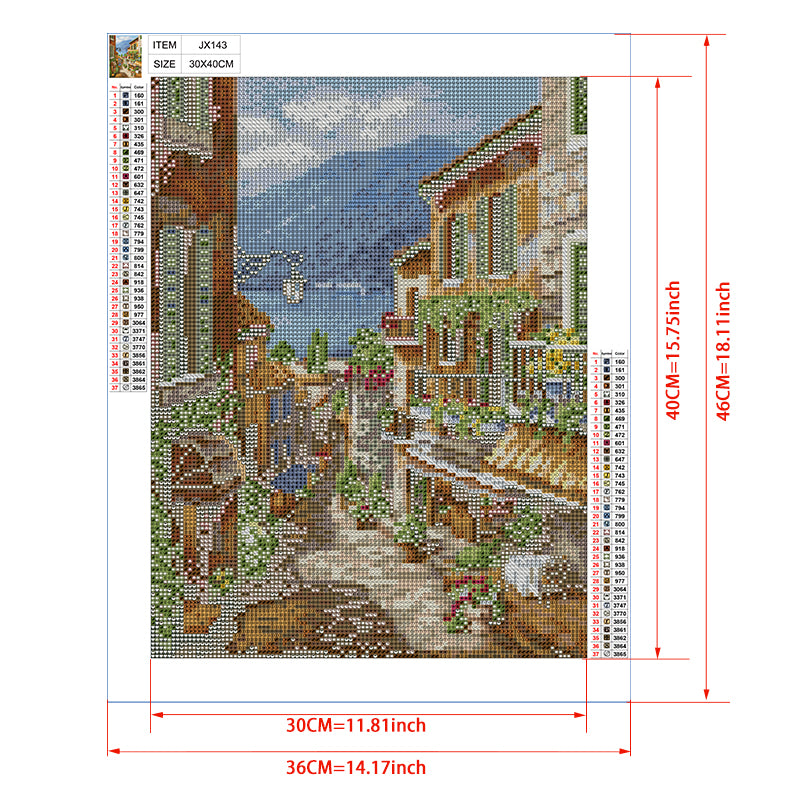 Alpine Lake Town Diamond Painting Kit – Sunny Village Street with Mountain View, Terrace Garden & Iron Lantern JX143