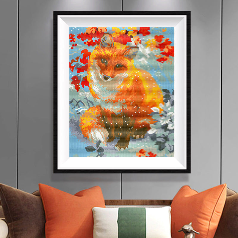 Red Fox in Snow Diamond Painting Kit – Autumn Leaves & Winter Snowflakes Wildlife Portrait JX148