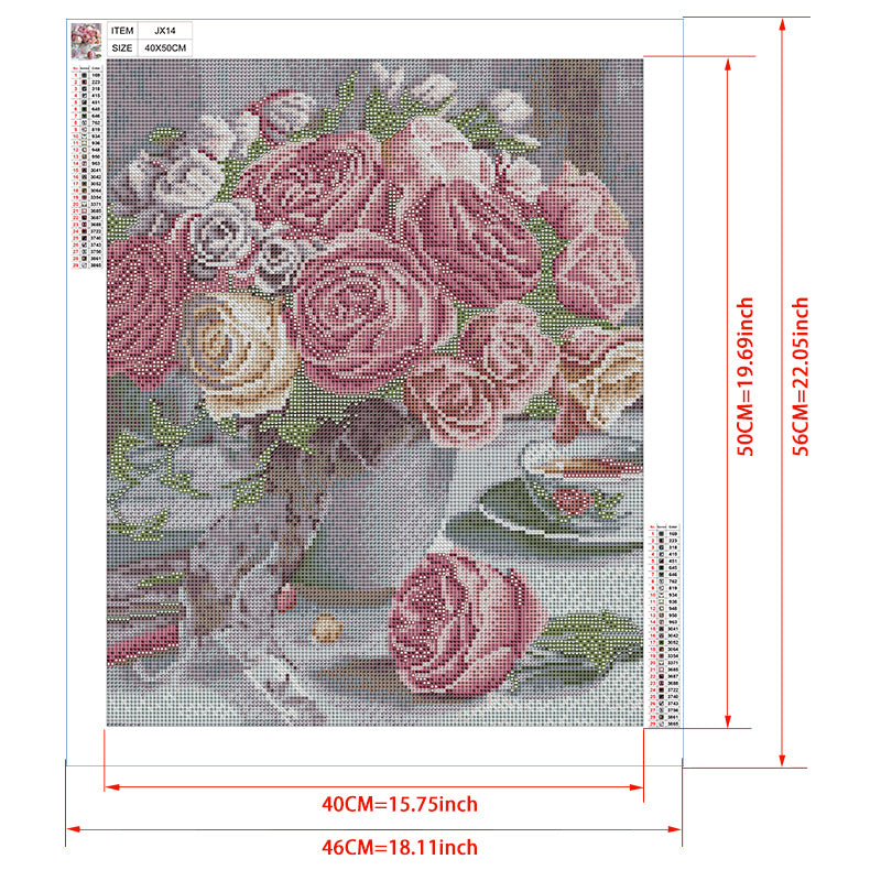 Rose Afternoon Tea Diamond Painting Kit – Pink & Cream Roses in Glass Vase with Marble Table & Teacup JX14