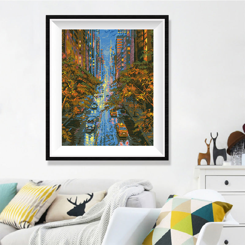 New York Autumn Aerial Diamond Painting Kit – Manhattan Avenue at Dusk with Fall Foliage, Yellow Cabs & City Lights JX150