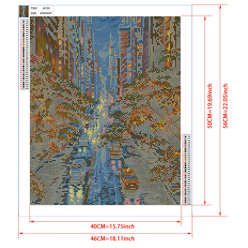 New York Autumn Aerial Diamond Painting Kit – Manhattan Avenue at Dusk with Fall Foliage, Yellow Cabs & City Lights JX150