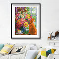 Ginger Cat & Flower Bouquet Diamond Painting Kit – Orange Tabby by Window with Pink Dahlias, Yellow Roses & Daisies JX152