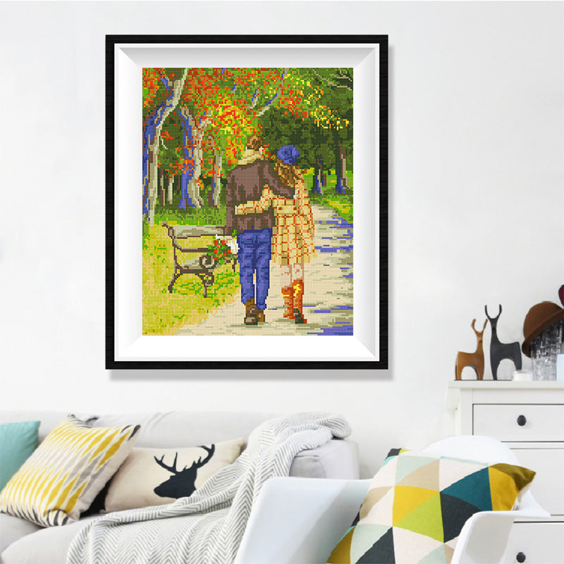 Autumn Park Couple Diamond Painting Kit – Lovers Walking Arm in Arm Through Birch Tree Lane with Fall Foliage JX153