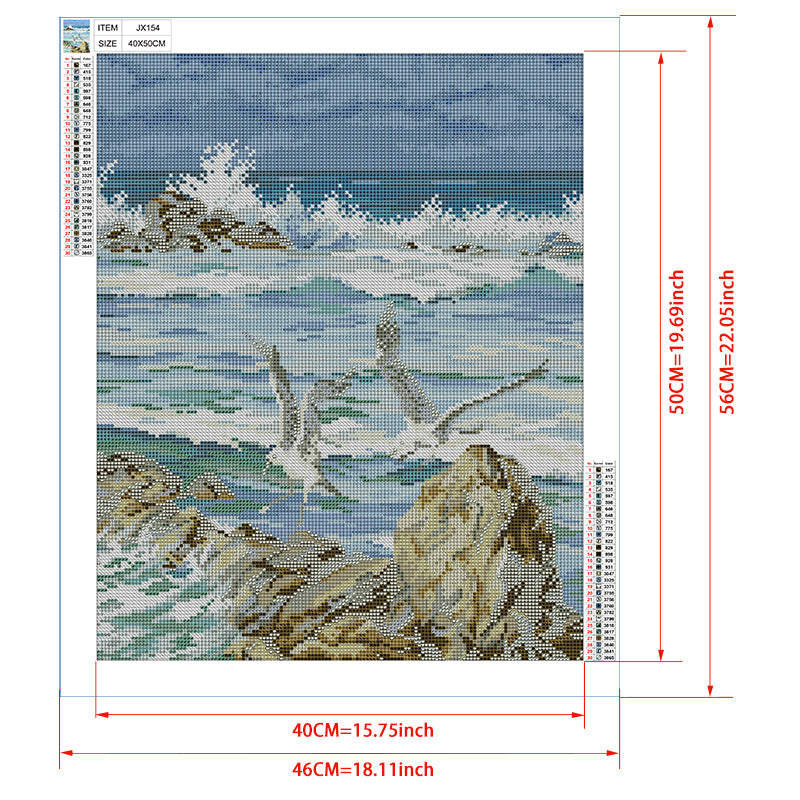 Rocky Coast Seagulls Diamond Painting Kit – Crashing Waves on Sea Rocks with Seagulls in Flight & Blue Ocean Sky JX154