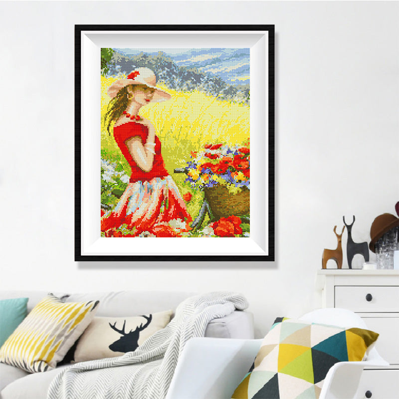Girl in Red Dress Flower Field Diamond Painting Kit – Summer Beauty in Golden Rapeseed Field with Bicycle & Wildflowers JX157