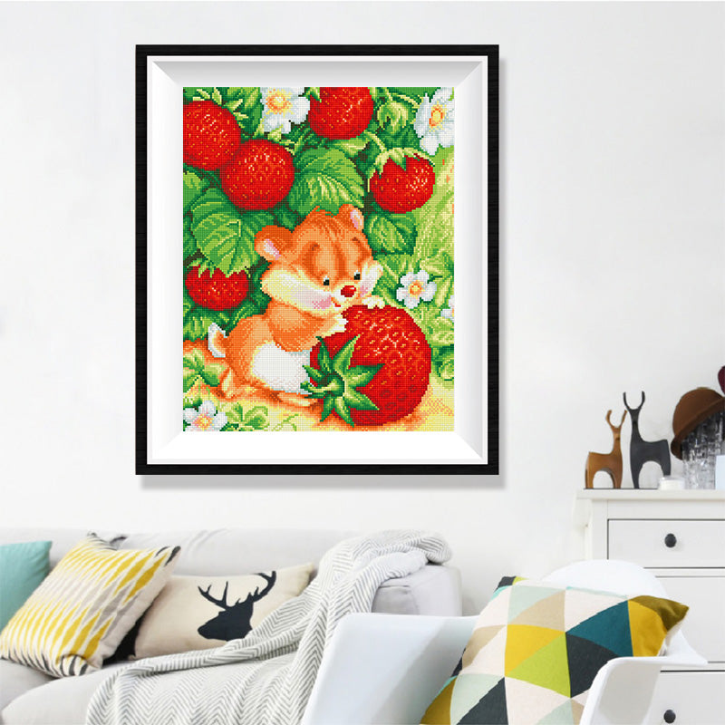 Squirrel & Strawberry Garden Diamond Painting Kit – Cute Orange Squirrel Nibbling Strawberry Among Ripe Berries & Blossoms JX158