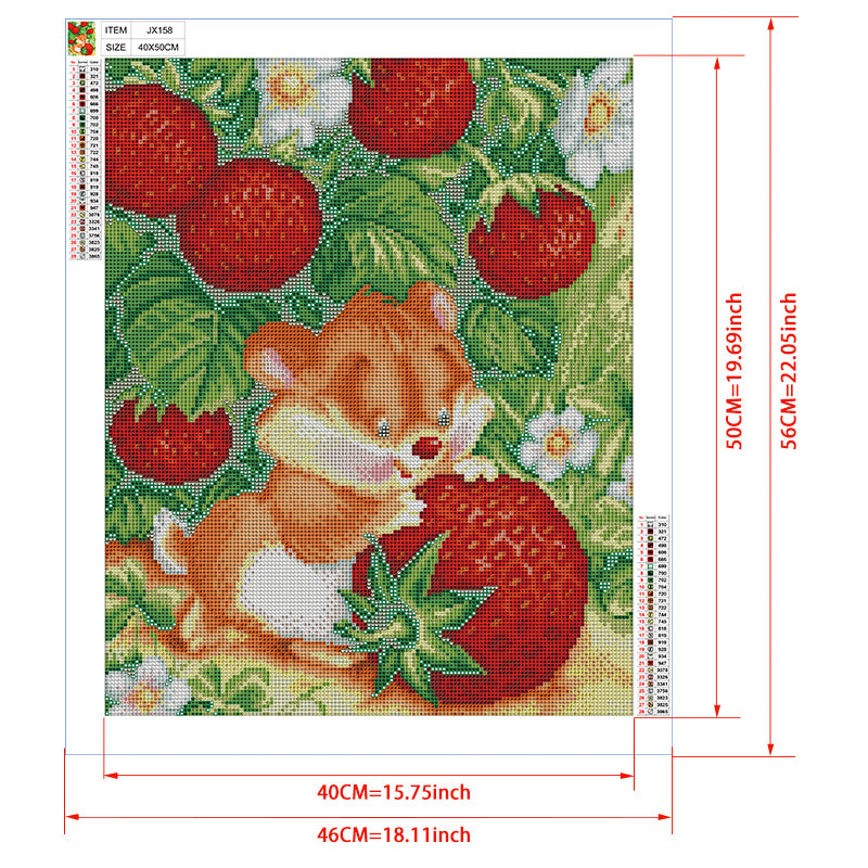 Squirrel & Strawberry Garden Diamond Painting Kit – Cute Orange Squirrel Nibbling Strawberry Among Ripe Berries & Blossoms JX158