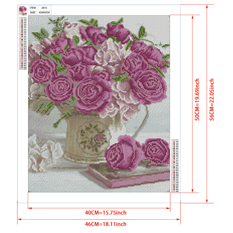 Magenta Rose Bouquet Diamond Painting Kit – Lush Pink-Purple Roses in Glass Vase with White Blossoms JX15