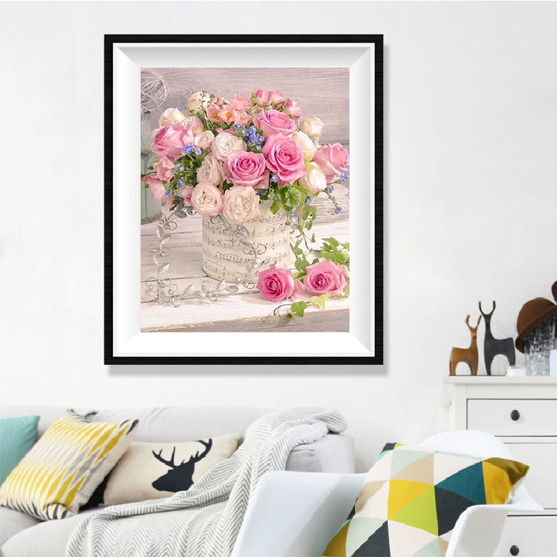 Musical Rose Bouquet Diamond Painting Kit – Pink Roses & Forget-Me-Nots in Sheet Music Vase with Ivy JX16