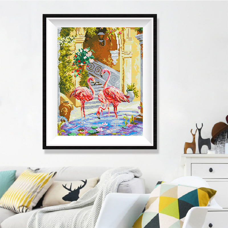 Flamingos in Classical Garden Diamond Painting Kit – Three Pink Flamingos in Lily Pond with Spiral Staircase & Rose Arch JX160