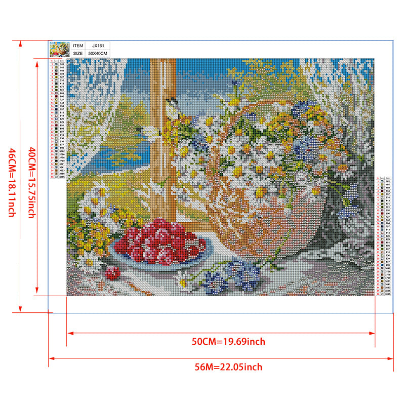 Summer Windowsill Basket Diamond Painting Kit – Wildflower Basket with Yellow Tit, Cherries & Blueberries on Lace Cloth JX161