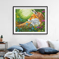Red Fox in Wildflower Meadow Diamond Painting Kit – Resting Fox Among Blue Forget-Me-Nots, Yellow Blooms & Pink Thistles JX162