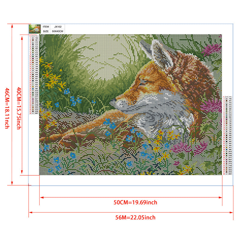 Red Fox in Wildflower Meadow Diamond Painting Kit – Resting Fox Among Blue Forget-Me-Nots, Yellow Blooms & Pink Thistles JX162