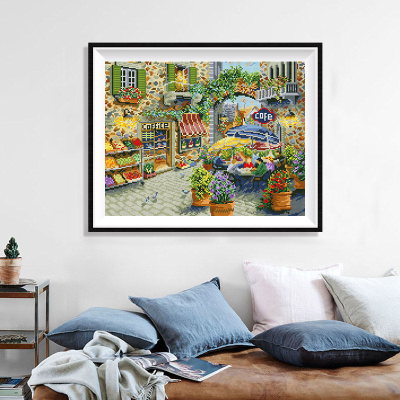 European Market Street Corner Diamond Painting Kit – Coffee Shop, Flower Stall & Vine Arch on Cobblestone Lane JX163