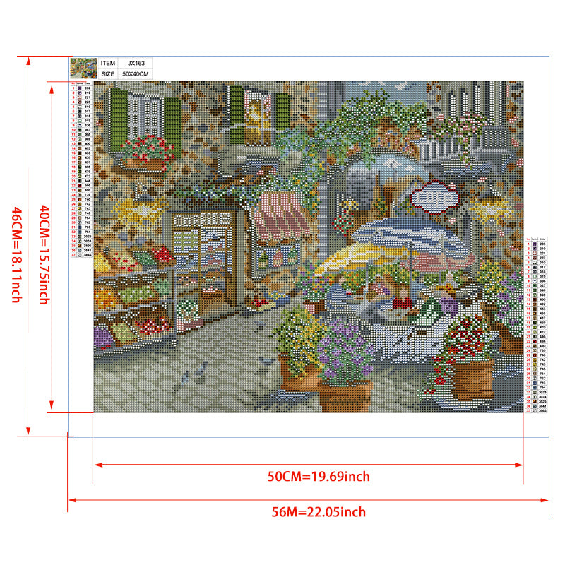 European Market Street Corner Diamond Painting Kit – Coffee Shop, Flower Stall & Vine Arch on Cobblestone Lane JX163