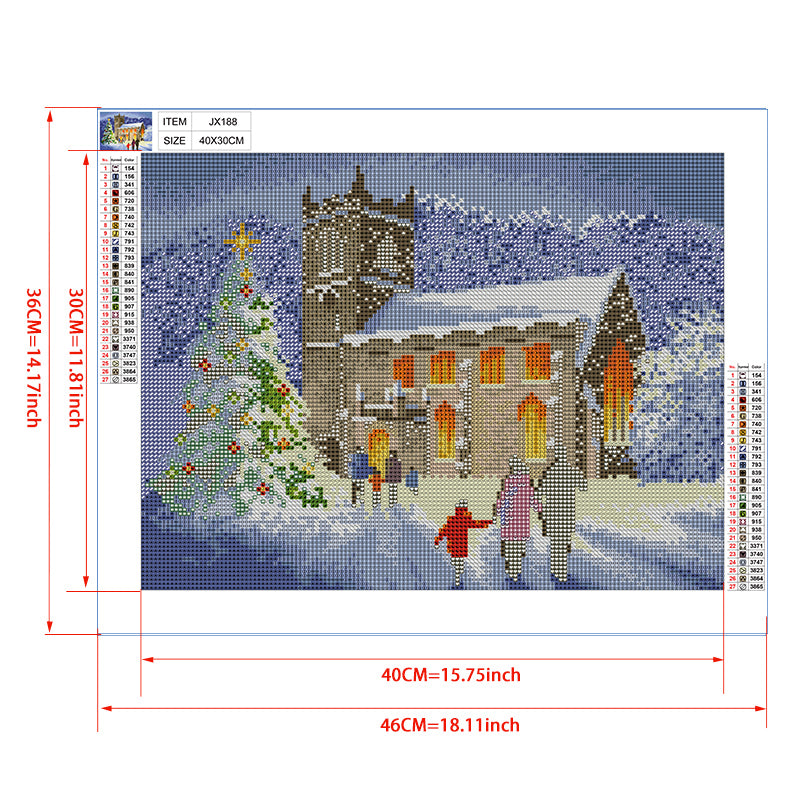 Christmas Eve Church Diamond Painting Kit – Snowy Village Chapel with Family, Christmas Tree & Glowing Windows JX188