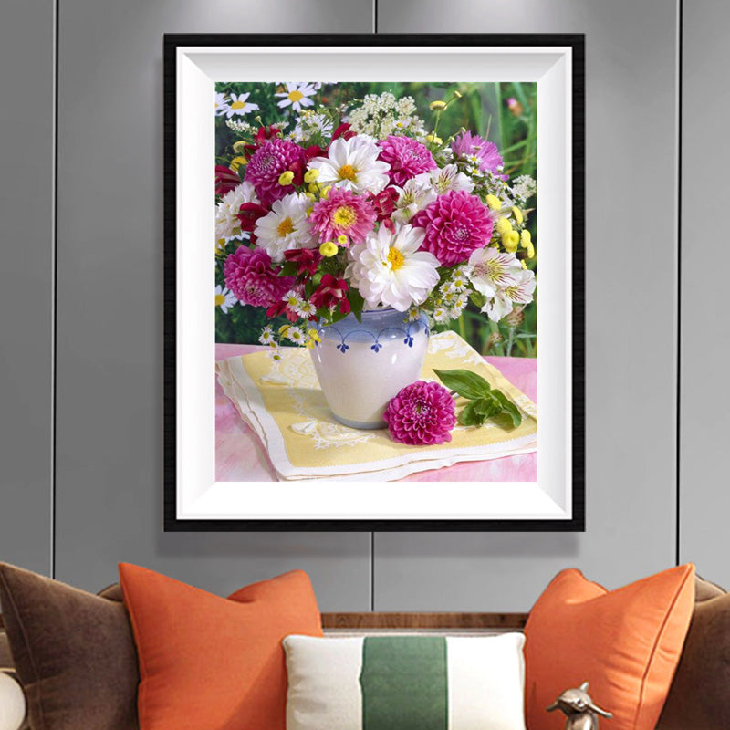 Dahlias & Daisies in Blue Ceramic Vase Diamond Painting Kit – Full Drill Garden Floral Still Life Art JX32