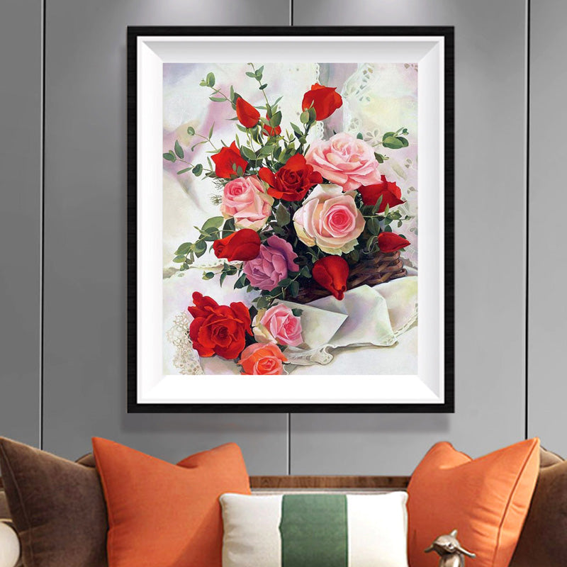 Red & Pink Roses in Wicker Basket Diamond Painting Kit – Full Drill Classic Floral Still Life Art JX33