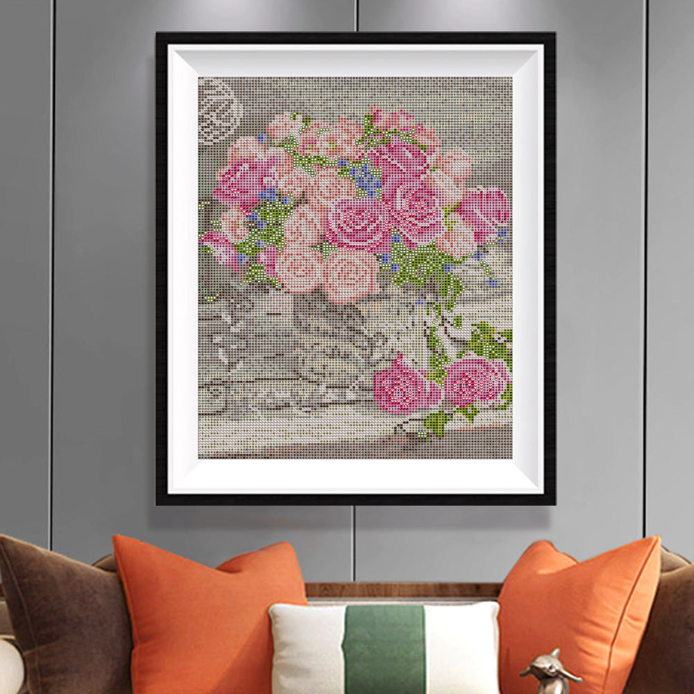 Pink Roses & Forget-Me-Nots in Vintage Vase Diamond Painting Kit – Full Drill French Romantic Floral Art JX35