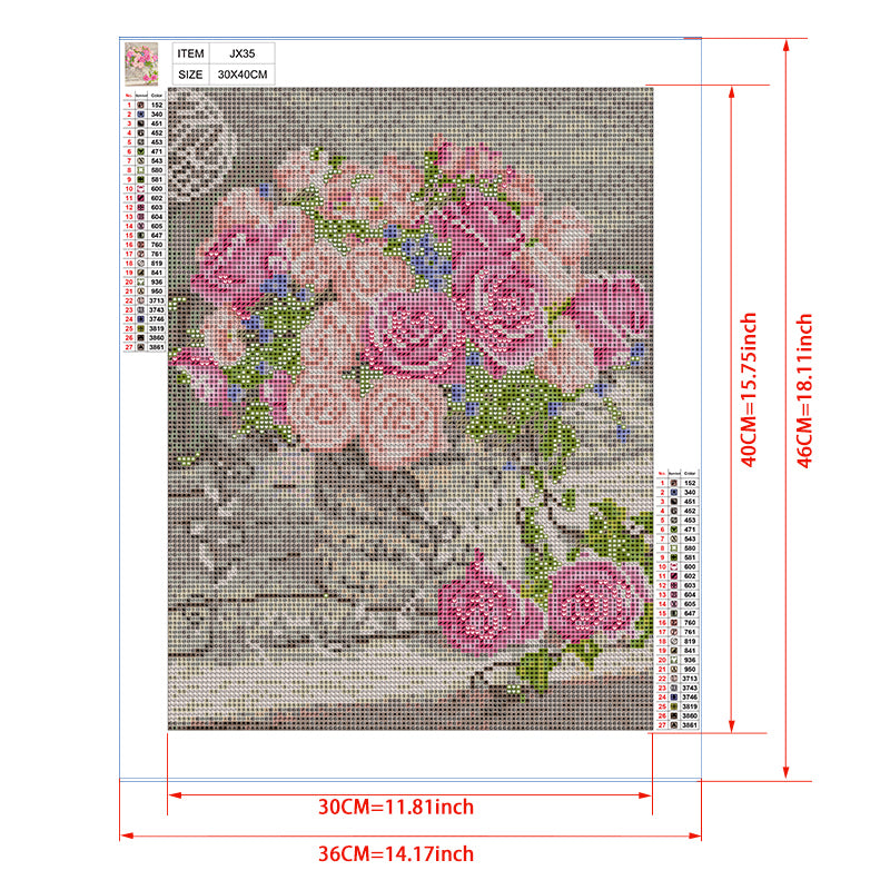 Pink Roses & Forget-Me-Nots in Vintage Vase Diamond Painting Kit – Full Drill French Romantic Floral Art JX35