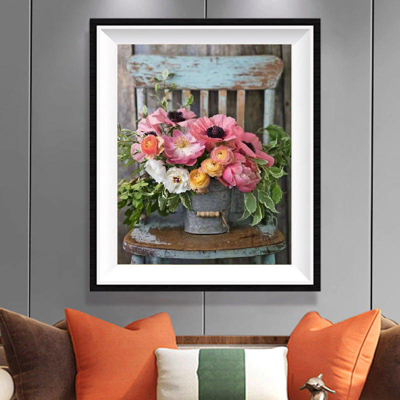 Garden Peonies & Ranunculus in Rustic Tin Bucket Diamond Painting Kit – Full Drill Cottage Floral Art JX37