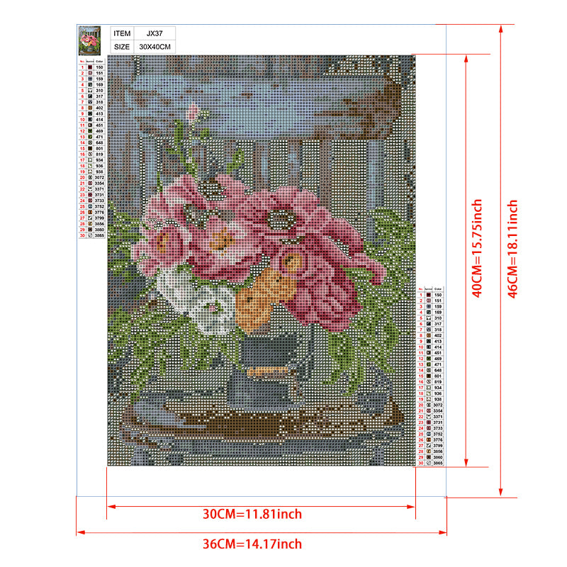 Garden Peonies & Ranunculus in Rustic Tin Bucket Diamond Painting Kit – Full Drill Cottage Floral Art JX37