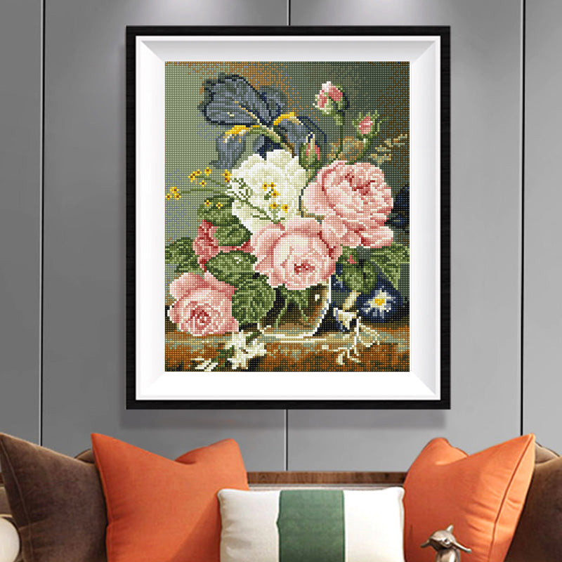 Pink Roses, Iris & White Lily Bouquet Diamond Painting Kit – Full Drill Old Masters Floral Art JX38