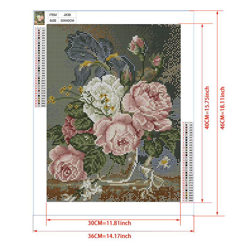 Pink Roses, Iris & White Lily Bouquet Diamond Painting Kit – Full Drill Old Masters Floral Art JX38