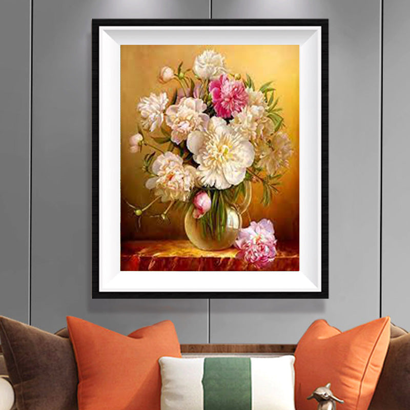 White & Pink Peonies in Gold Vase Diamond Painting Kit – Full Drill Classic Floral Still Life Art JX39