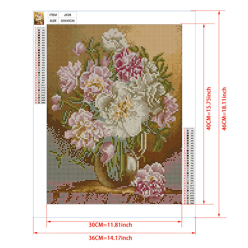 White & Pink Peonies in Gold Vase Diamond Painting Kit – Full Drill Classic Floral Still Life Art JX39