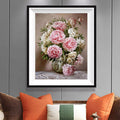 Pink Striped Roses in Glass Vase Diamond Painting Kit – Full Drill Romantic Floral Still Life Art JX40