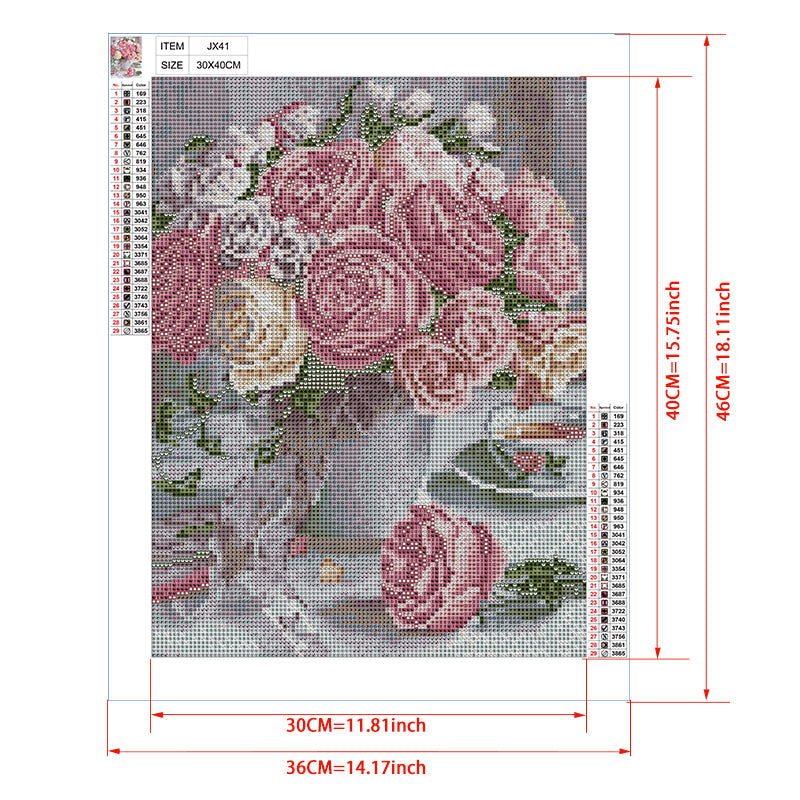 Pink & Cream Roses in Marble Vase Diamond Painting Kit – Full Drill Romantic Floral Art JX41