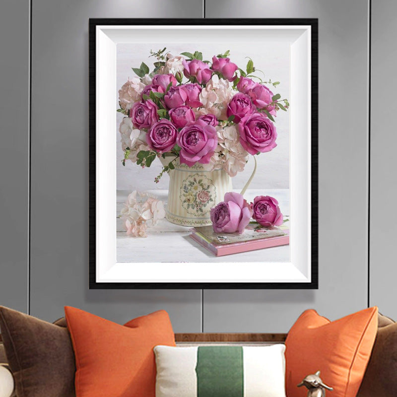 Magenta Roses in Crystal Vase Diamond Painting Kit – Full Drill Vibrant Floral Art JX42