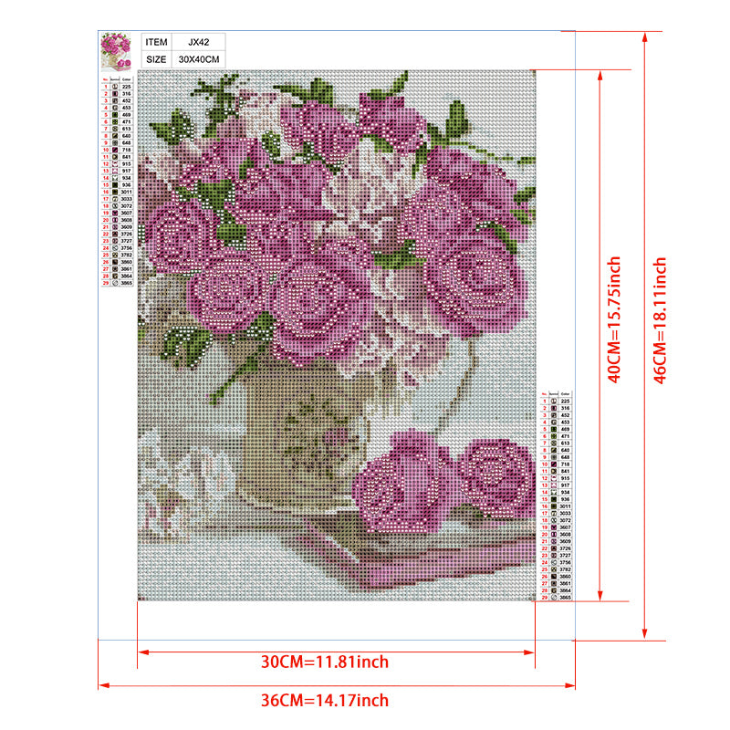 Magenta Roses in Crystal Vase Diamond Painting Kit – Full Drill Vibrant Floral Art JX42