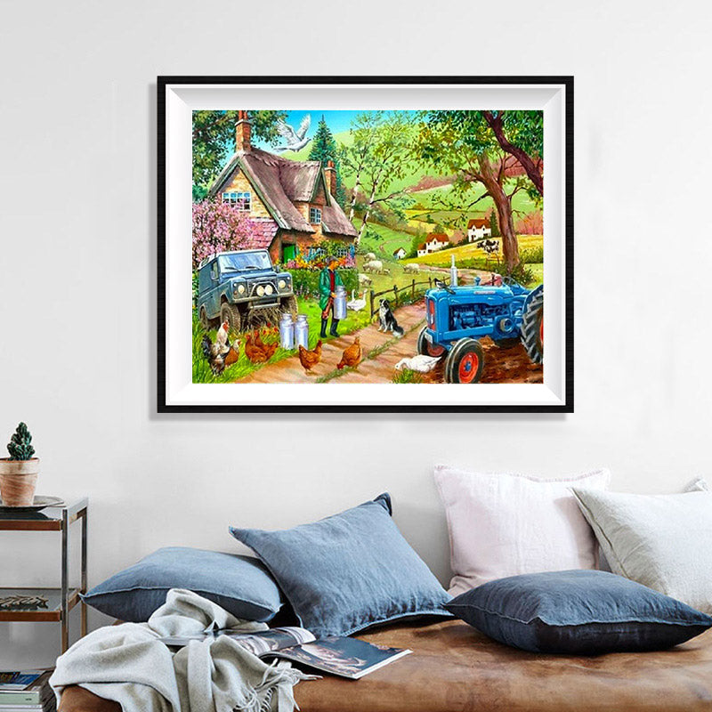 English Country Farm Diamond Painting Kit – Thatched Cottage, Blue Tractor & Farm Animals in Rolling Hills JX44