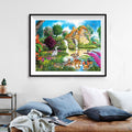 Country Pond Diamond Painting Kit – Thatched Cottage with Ducks, Geese, Heron & Pink Blooms in Summer Garden JX45