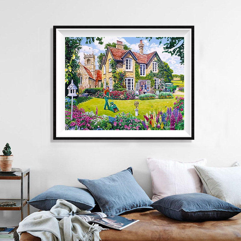English Country Manor Diamond Painting Kit – Stone Cottage Garden with Lupins, Roses, Gardener & Village Church JX46