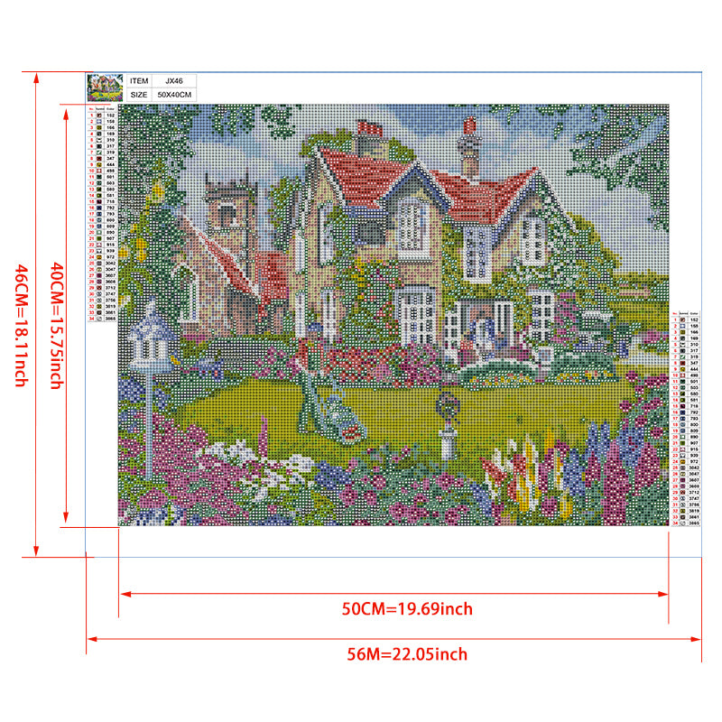 English Country Manor Diamond Painting Kit – Stone Cottage Garden with Lupins, Roses, Gardener & Village Church JX46