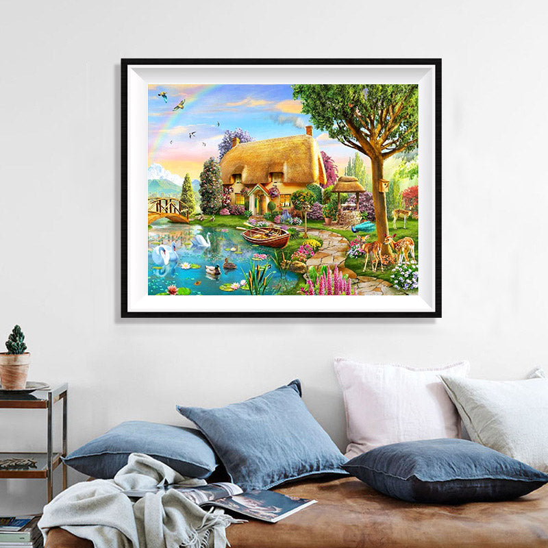 Fairytale Cottage by the Stream Diamond Painting Kit – Whimsical Thatched Home with Swan, Deer, Hummingbird & Rainbow Sky JX47