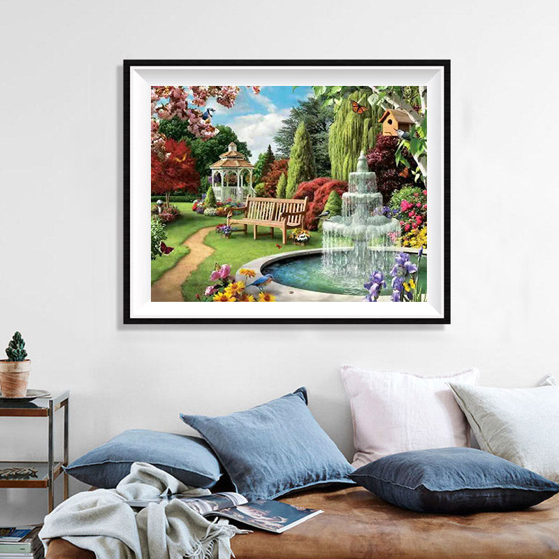 Secret Garden Diamond Painting Kit – White Gazebo, Waterfall Fountain & Red Bridge with Cherry Blossoms & Iris JX48