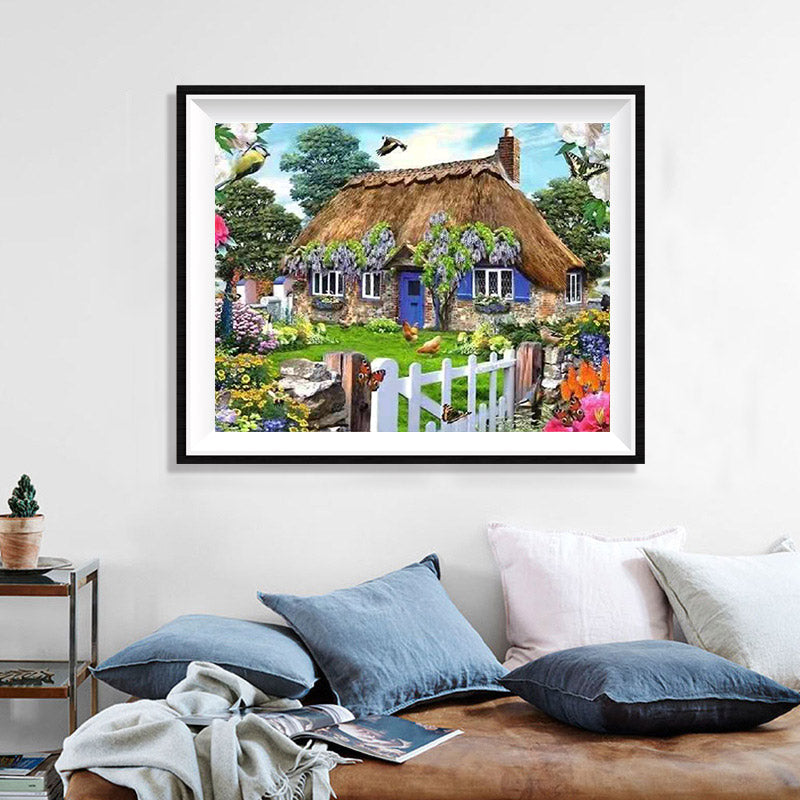 Wisteria Cottage Diamond Painting Kit – Thatched English Cottage with Blue Door, Deer, Squirrel & Garden Birds JX49