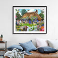 Wisteria Cottage Diamond Painting Kit – Thatched English Cottage with Blue Door, Deer, Squirrel & Garden Birds JX49