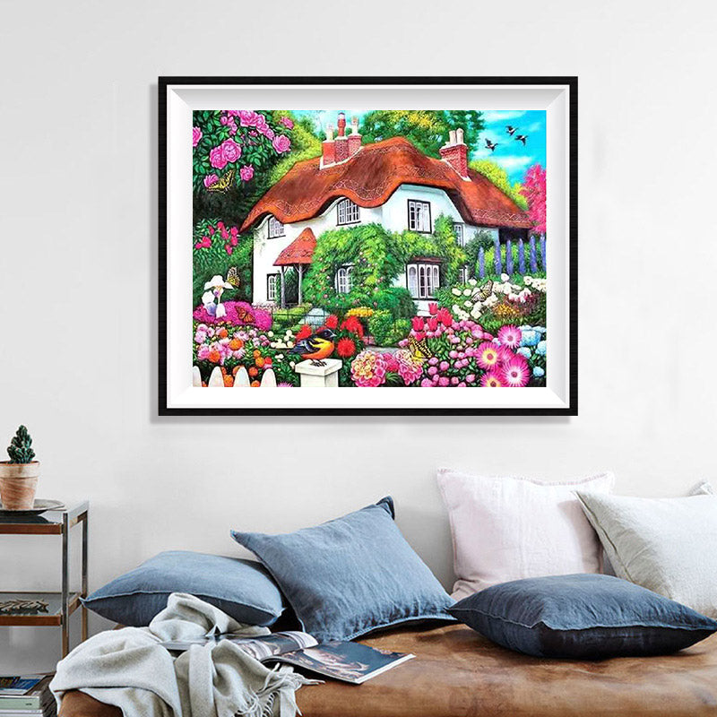 Rose Cottage Garden Diamond Painting Kit – Thatched White Cottage with Roses, Dahlias, Oriole & Butterflies JX50