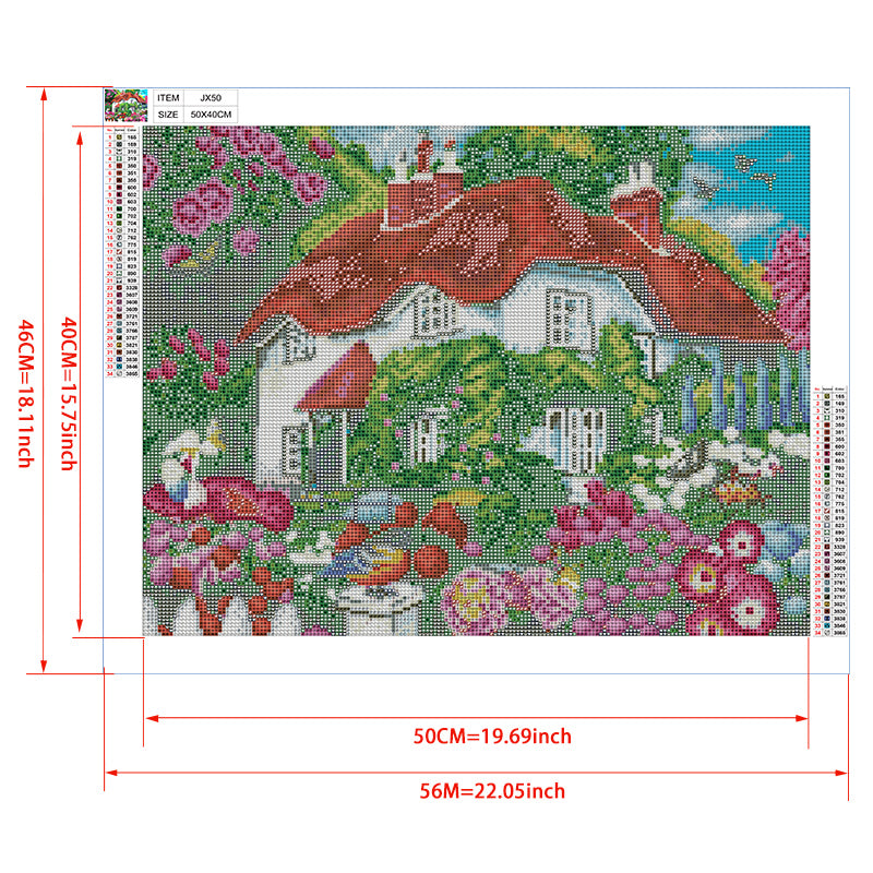 Rose Cottage Garden Diamond Painting Kit – Thatched White Cottage with Roses, Dahlias, Oriole & Butterflies JX50