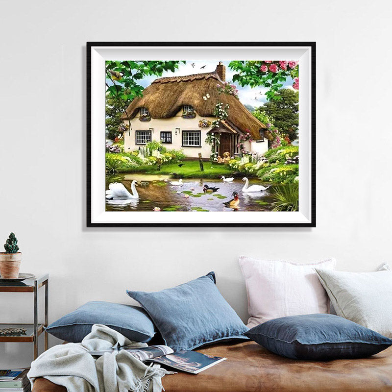 Lakeside Thatched Cottage Diamond Painting Kit – English Cottage with Swans, Wood Ducks, Golden Retriever & Rose Porch JX51