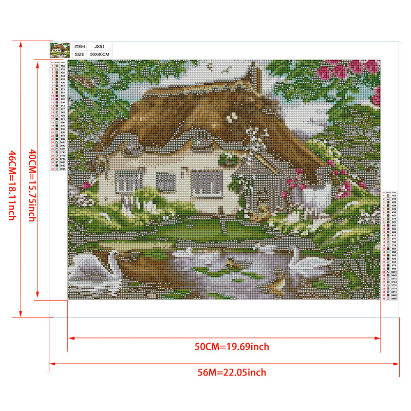 Lakeside Thatched Cottage Diamond Painting Kit – English Cottage with Swans, Wood Ducks, Golden Retriever & Rose Porch JX51