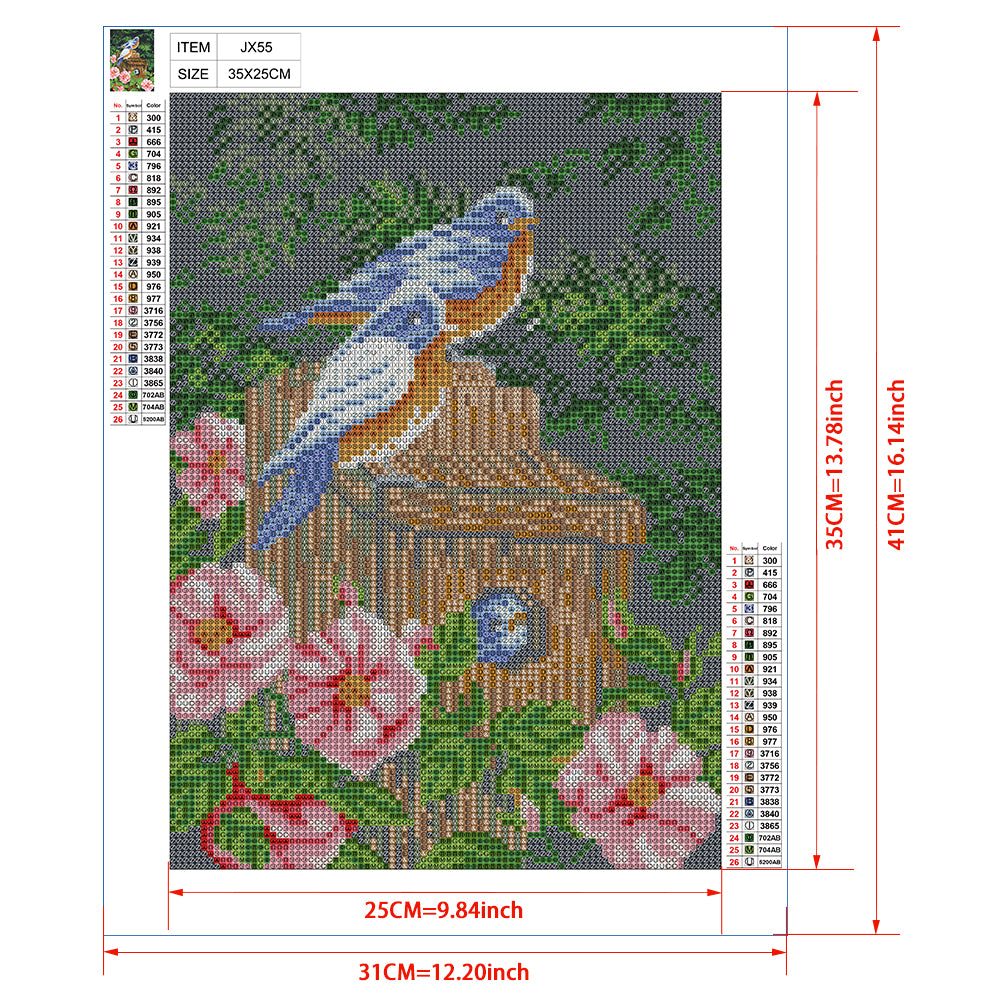 Bluebird and Baby Bird Nest Diamond Painting Kit – Full Drill Floral Nature Art JX55